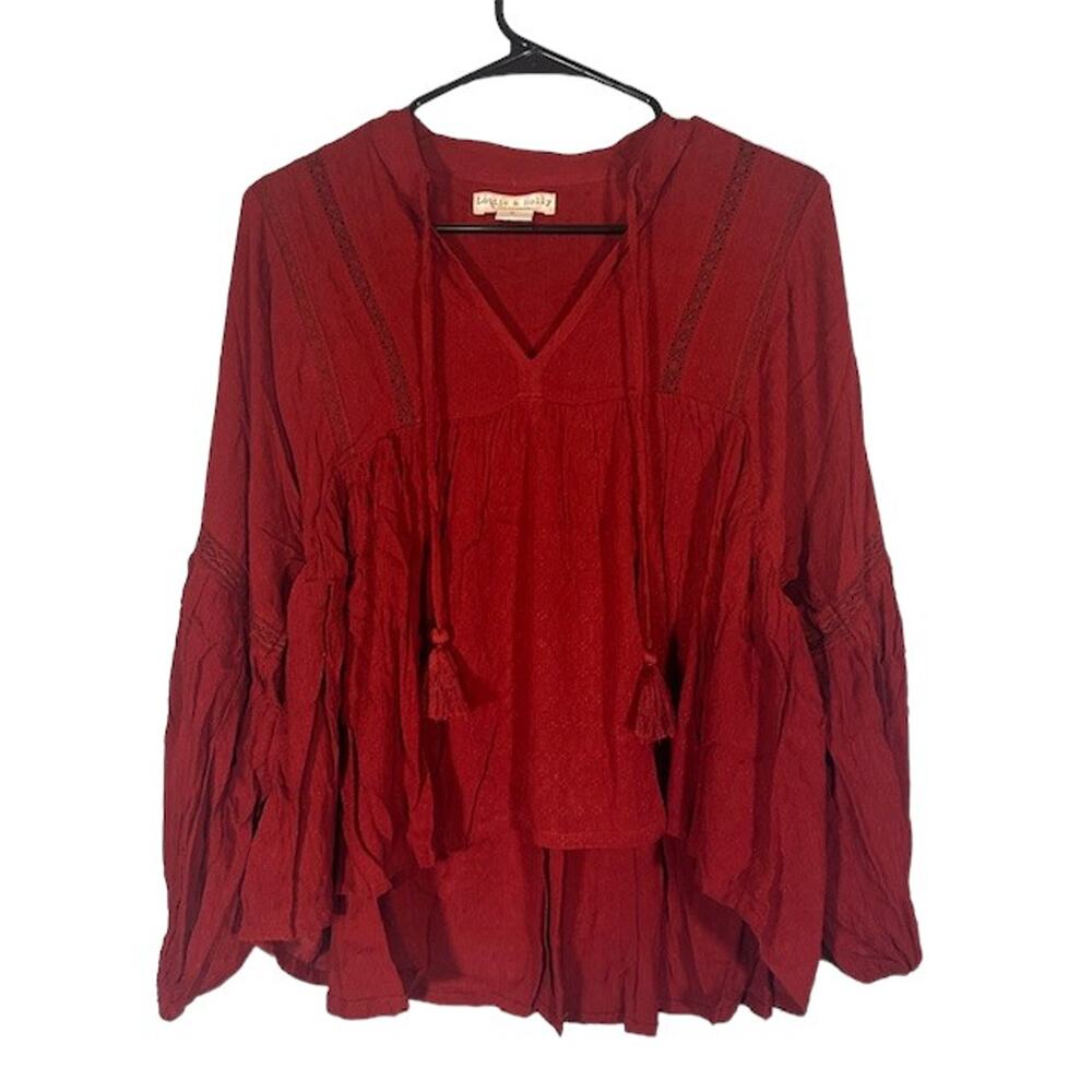 Lottie & Holly Red Long Sleeve V-Neck Boho Tassel Peasant Blouse Women Sz S